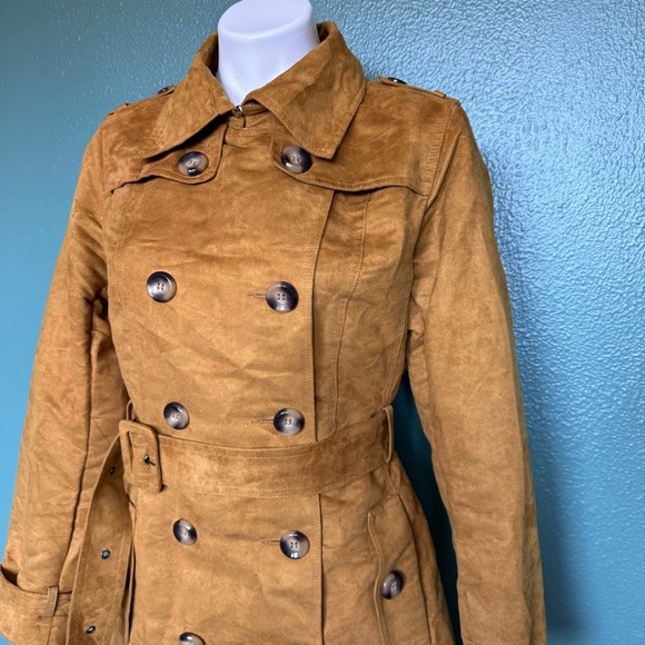 Steve Madden Suede Mustard Yellow Trench Coat Tie Waist Fitted Jacket - Picture 2 of 11